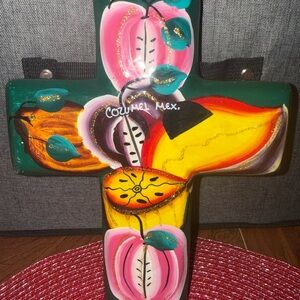 Colorful Hand-Painted Mexican terra-cotta Cross Wall Art